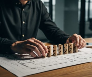 Eine Person arrangiert Dominosteine auf dem Bauplan einer Webseite als Symbol für eine Inhouse SEO Checkliste.