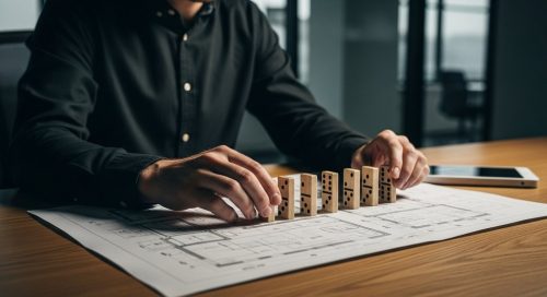 Eine Person arrangiert Dominosteine auf dem Bauplan einer Webseite als Symbol für eine Inhouse SEO Checkliste.