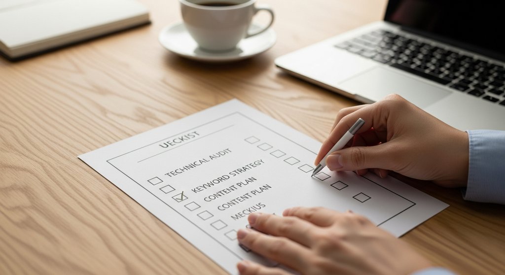 Eine Person hakt Punkte auf einer SEO-Checkliste für den Inhouse-Aufbau ab.