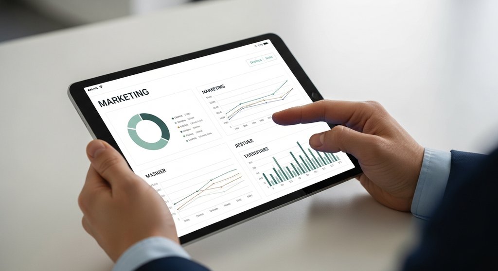 Eine Person hält ein Tablet mit einem übersichtlichen Marketing-Dashboard zur Datenvisualisierung.