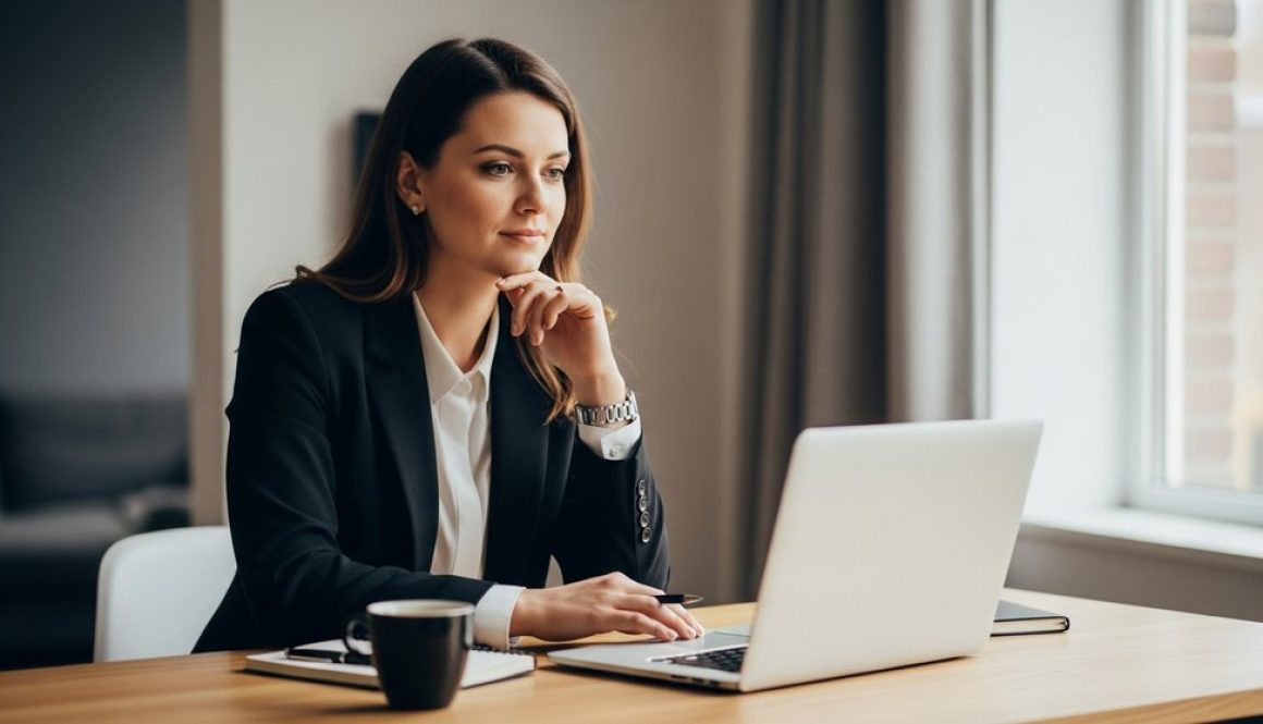 Eine professionelle Freelancerin kalkuliert konzentriert ihren Stundensatz am Laptop.