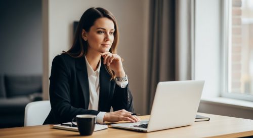 Eine professionelle Freelancerin kalkuliert konzentriert ihren Stundensatz am Laptop.