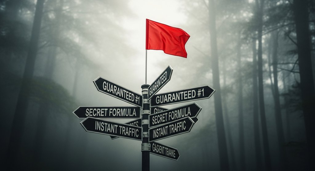 Eine rote Flagge als Warnsignal bei der Auswahl einer unseriösen SEO-Agentur.