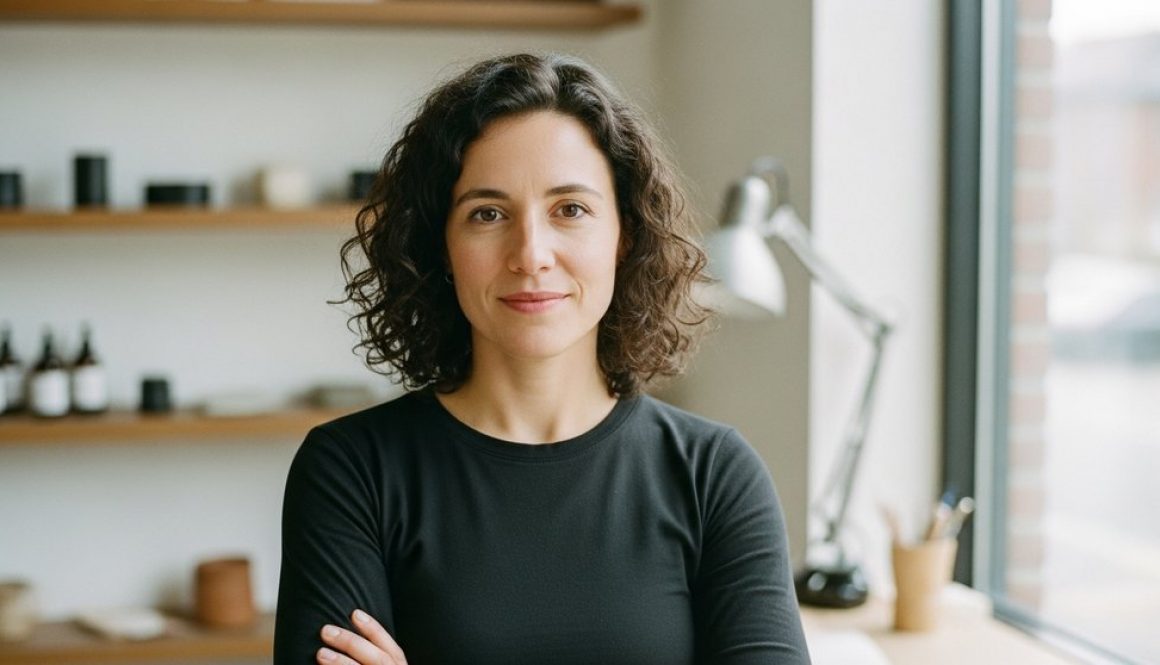 Eine selbstbewusste Unternehmerin in ihrer Werkstatt, die ihre Online-Sichtbarkeit erfolgreich erhöht hat.