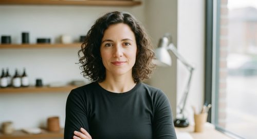 Eine selbstbewusste Unternehmerin in ihrer Werkstatt, die ihre Online-Sichtbarkeit erfolgreich erhöht hat.