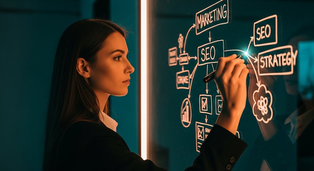 Eine SEO-Strategin entwirft eine komplexe Mindmap für Inhouse Linkbuilding auf einer Glaswand.