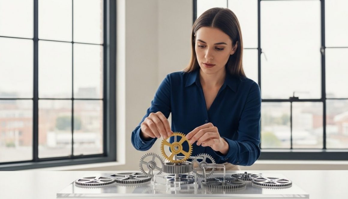 Eine Strategin fügt ein goldenes Zahnrad in ein komplexes Getriebe ein, als Symbol für strategisches Marketing Controlling.