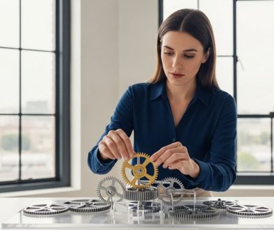 Eine Strategin fügt ein goldenes Zahnrad in ein komplexes Getriebe ein, als Symbol für strategisches Marketing Controlling.