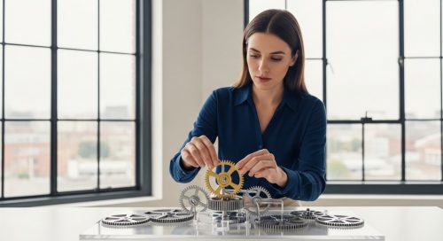 Eine Strategin fügt ein goldenes Zahnrad in ein komplexes Getriebe ein, als Symbol für strategisches Marketing Controlling.