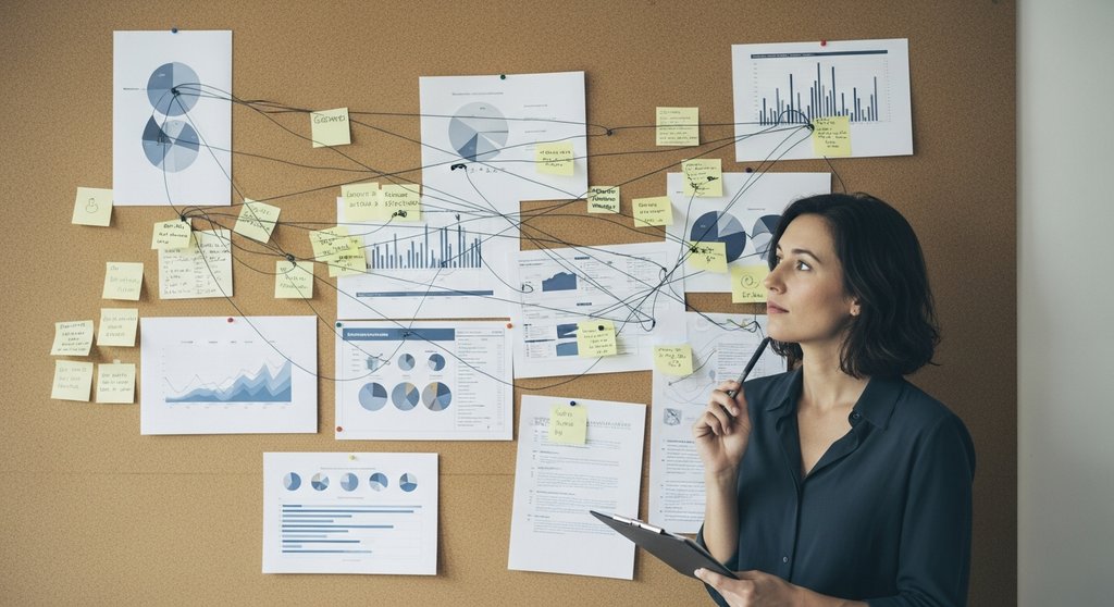 Eine Strategin plant die Keyword-Strategie an einer Pinnwand voller Notizen und Graphen.