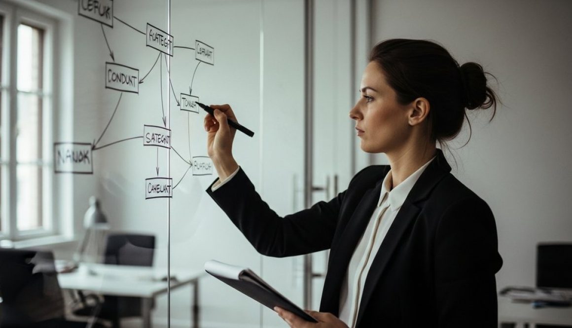 Eine Unternehmerin entwickelt eine Personal Branding Strategie an einer Glaswand.