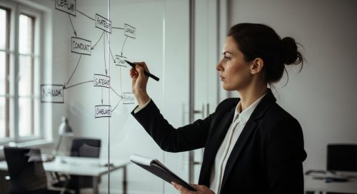 Eine Unternehmerin entwickelt eine Personal Branding Strategie an einer Glaswand.