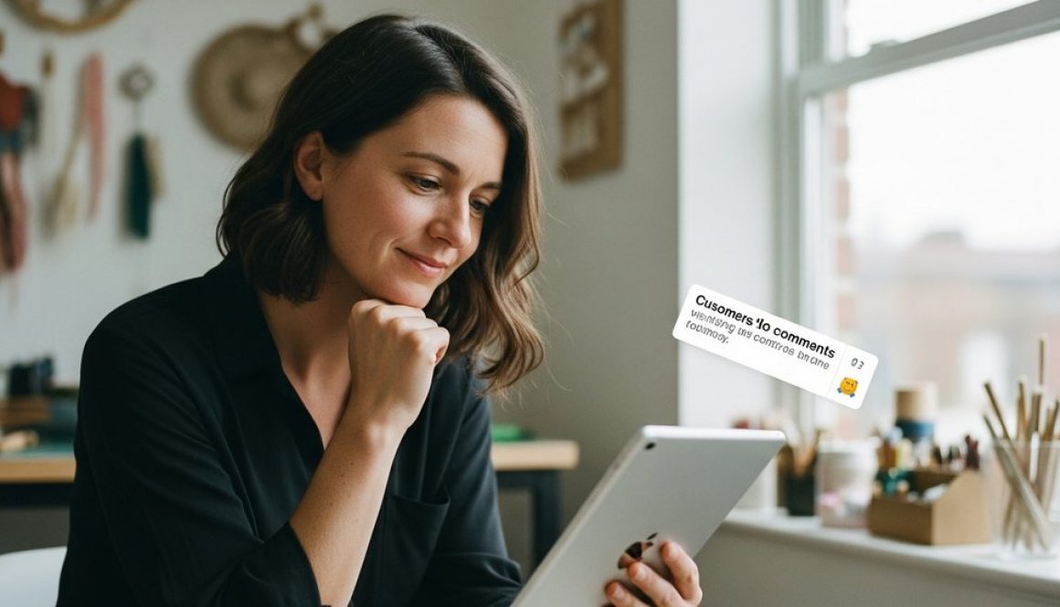 Eine Unternehmerin liest lächelnd Kundenstimmen auf ihrem Tablet in ihrer Werkstatt.