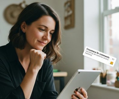 Eine Unternehmerin liest lächelnd Kundenstimmen auf ihrem Tablet in ihrer Werkstatt.