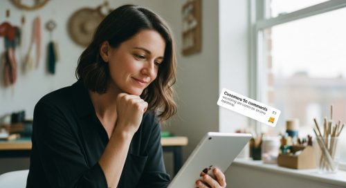 Eine Unternehmerin liest lächelnd Kundenstimmen auf ihrem Tablet in ihrer Werkstatt.