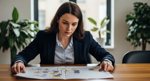 Eine Unternehmerin prüft einen Strategieplan zur Auswahl der richtigen SEO-Agentur für 2025.