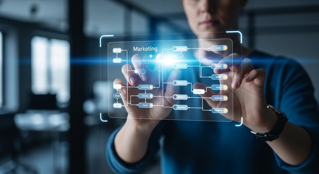 Experte steuert Marketing-Automation-Prozesse über eine holografische Benutzeroberfläche.