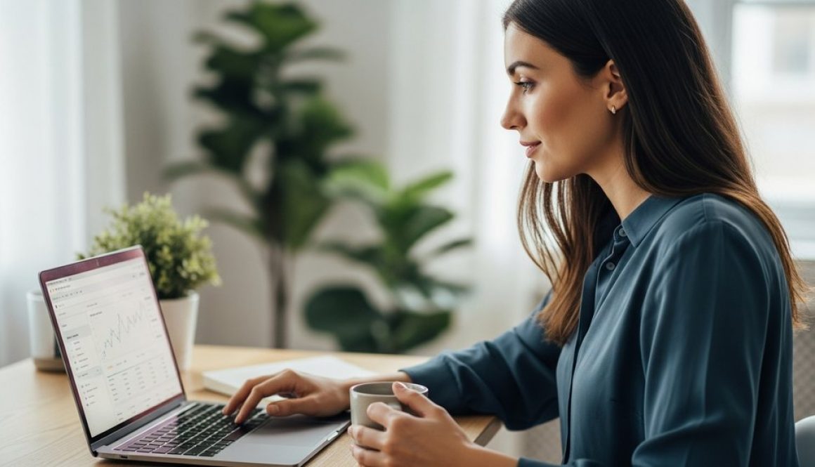 Fokussierte Freelancerin am Schreibtisch plant ihre Finanzen und Steuern am Laptop.