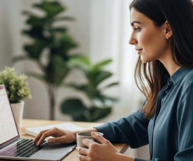 Fokussierte Freelancerin am Schreibtisch plant ihre Finanzen und Steuern am Laptop.