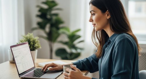 Fokussierte Freelancerin am Schreibtisch plant ihre Finanzen und Steuern am Laptop.