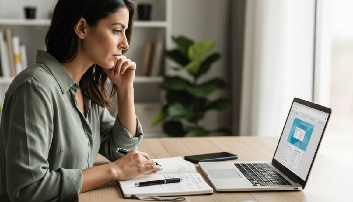 Fokussierter Freelancer erledigt seine Buchhaltung am Laptop in einem modernen Büro.