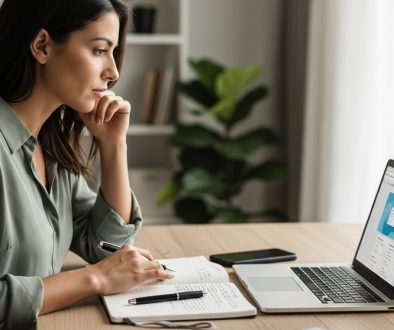 Fokussierter Freelancer erledigt seine Buchhaltung am Laptop in einem modernen Büro.