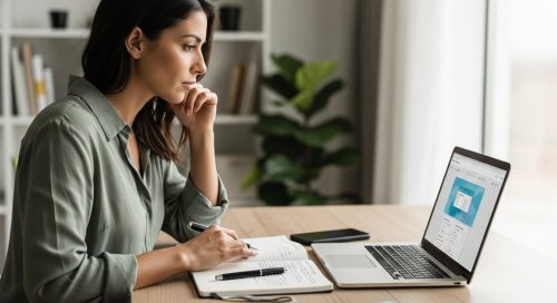 Fokussierter Freelancer erledigt seine Buchhaltung am Laptop in einem modernen Büro.