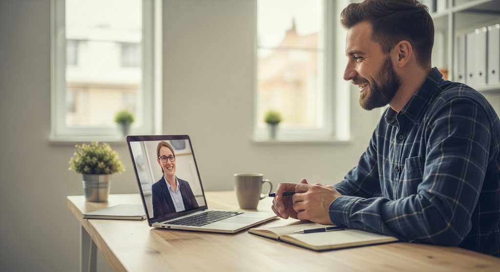 Freelancer bespricht seine Finanzen in einem Videocall mit seinem Steuerberater.