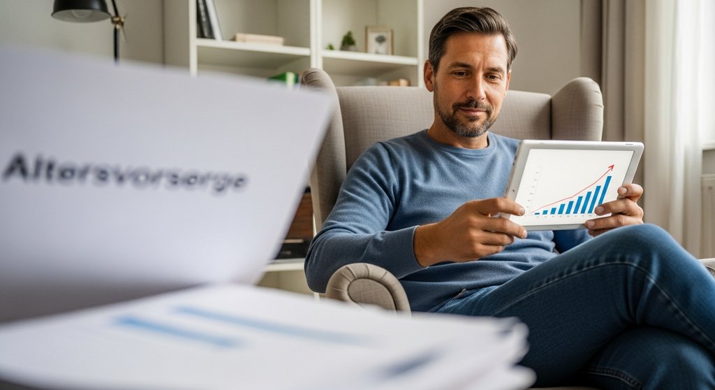 Freelancer plant entspannt seine Altersvorsorge und finanzielle Zukunft am Tablet.