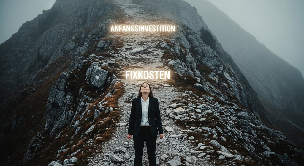 Geschäftsperson vor einem steilen Berg als Metapher für die hohen Anfangsinvestitionen beim Inhouse-Marketing.