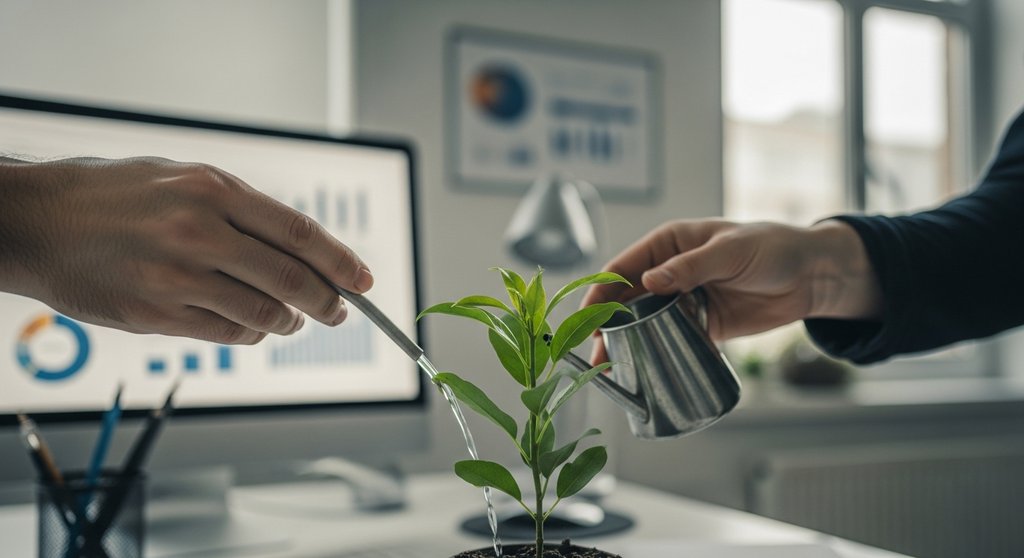Hände, die eine junge Pflanze auf einem Schreibtisch gießen, als Symbol für den Aufbau von Inhouse-Kompetenz.