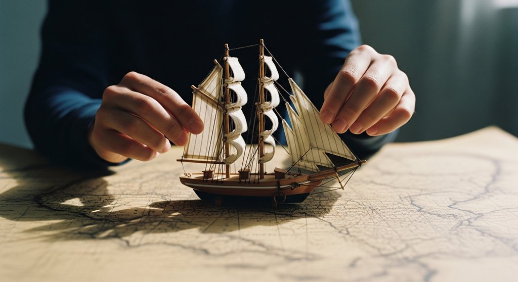 Hände justieren die Segel eines Modellschiffs auf einer Landkarte, Symbol für die Anpassung der Strategie im Businessplan.