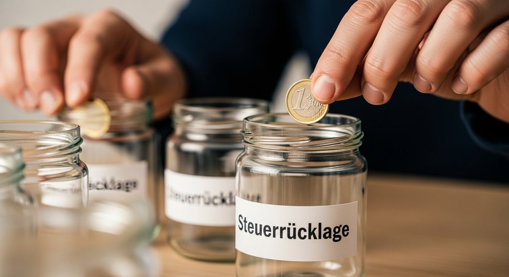 Hände legen eine Münze in ein Glas mit der Aufschrift 'Steuerrücklage' als Symbol für die Finanzplanung.