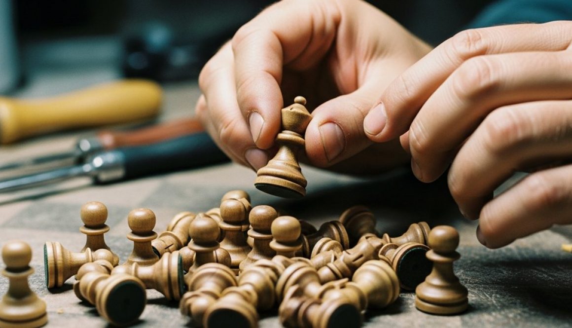 Hände wählen eine einzigartige Schachfigur aus – Symbol für die Definition eines starken USP.