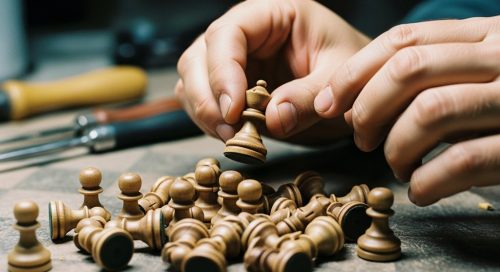 Hände wählen eine einzigartige Schachfigur aus – Symbol für die Definition eines starken USP.