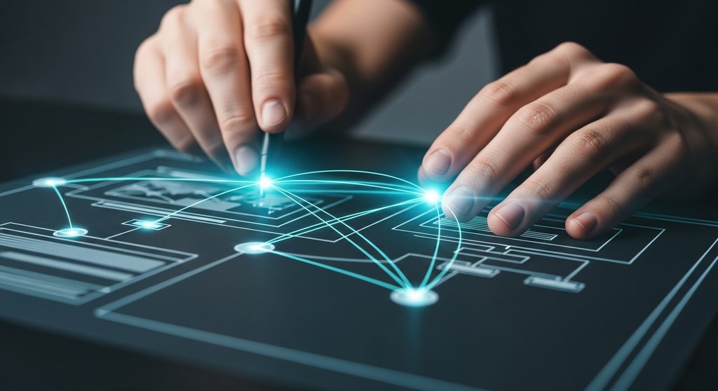 Hände zeichnen Verbindungen auf einem Bauplan einer Webseite als Symbol für interne Verlinkung.