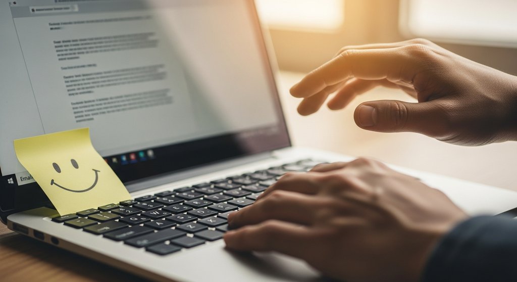 Hände zögern über der Enter-Taste, um eine E-Mail für Kundenfeedback zu versenden.