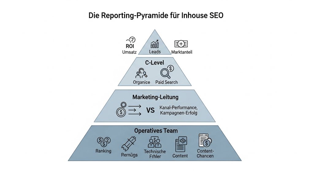 Infografik der Reporting-Pyramide, die zeigt, welche SEO-KPIs für C-Level, Marketing-Leitung und operatives Team relevant sind.