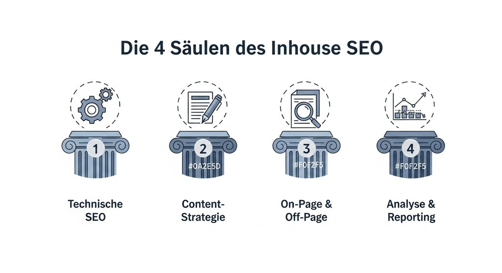 Infografik der vier Säulen des Inhouse SEO: Technische SEO, Content-Strategie, On-Page & Off-Page, Analyse & Reporting.