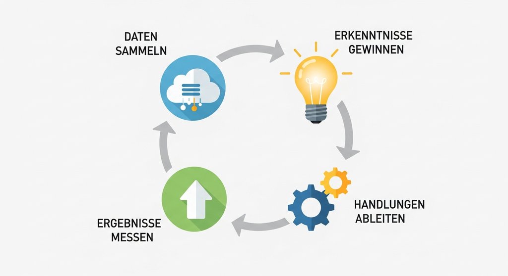 Infografik, die den Kreislauf eines effektiven Marketing Reportings in vier Schritten darstellt.
