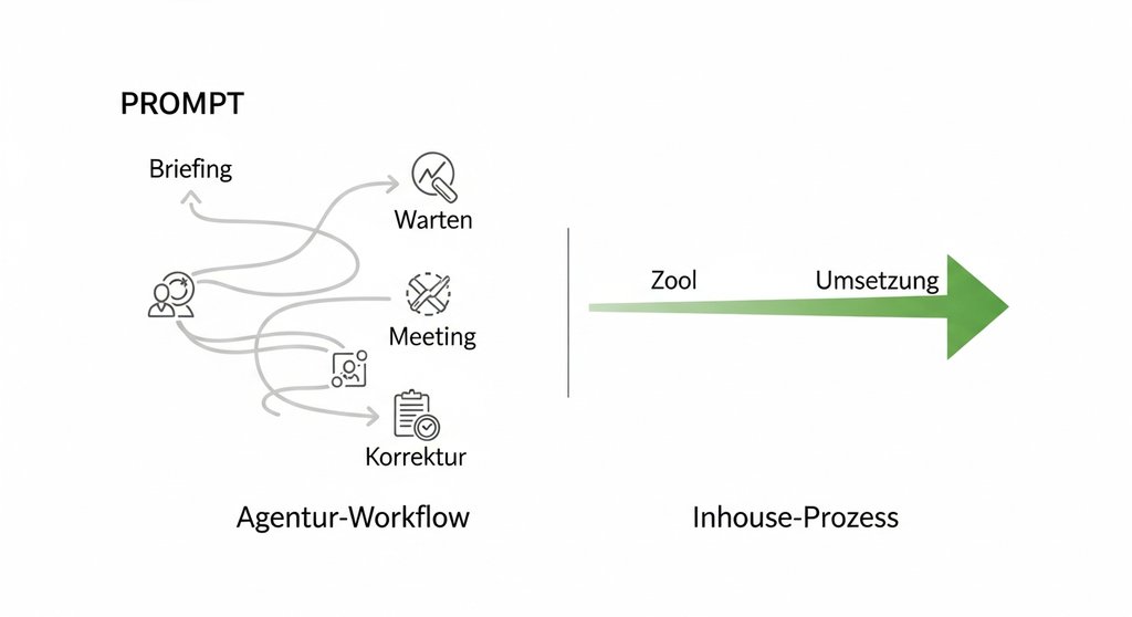 Infografik, die den langsamen Agentur-Workflow mit dem schnellen Inhouse-SEO-Prozess vergleicht.