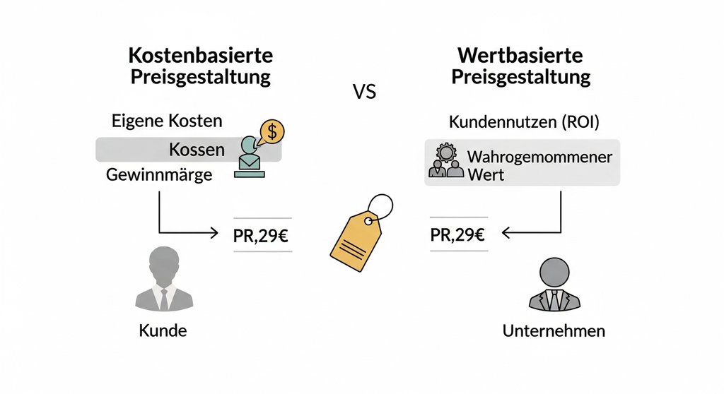 Infografik, die den Unterschied zwischen kostenbasierter und wertbasierter Preisgestaltung visuell erklärt.