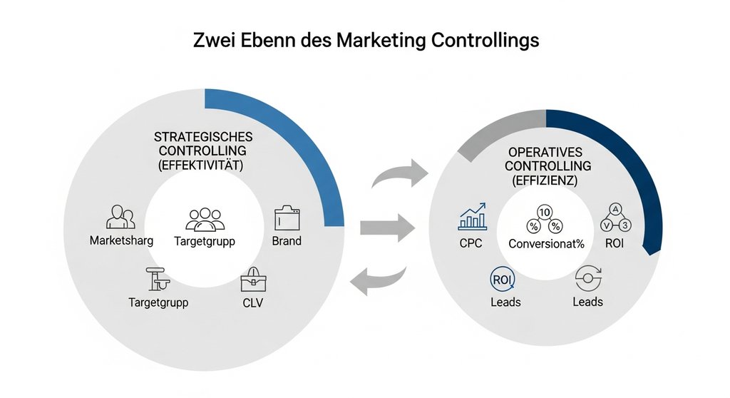Infografik, die den Unterschied zwischen strategischem und operativem Marketing Controlling erklärt.