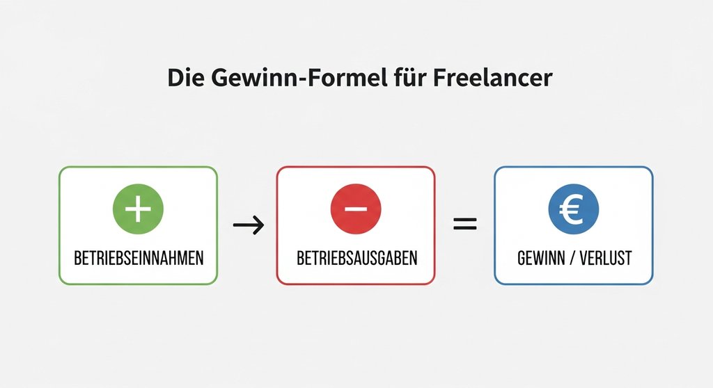 Infografik, die die Formel der Gewinnermittlung für Freelancer zeigt: Einnahmen minus Ausgaben gleich Gewinn.