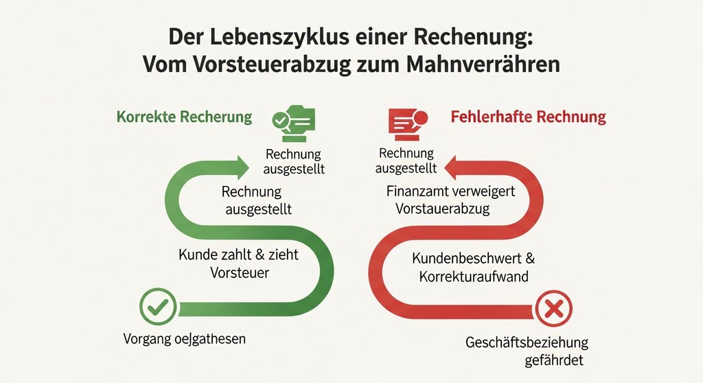 Infografik, die die positiven und negativen Konsequenzen einer korrekten bzw. fehlerhaften Rechnung zeigt.
