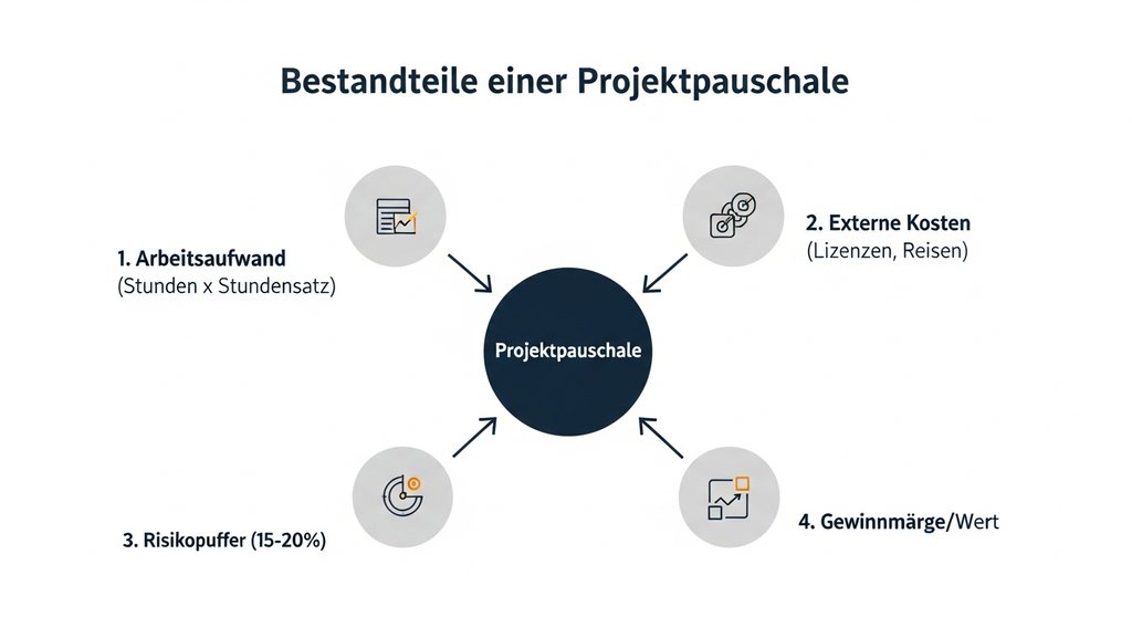 Infografik, die die vier Hauptbestandteile zur Kalkulation einer Projektpauschale zeigt.