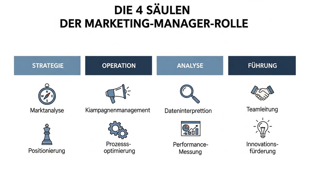 Infografik, die die vier Kernaufgaben eines Marketing Managers darstellt: Strategie, Operation, Analyse, Führung.