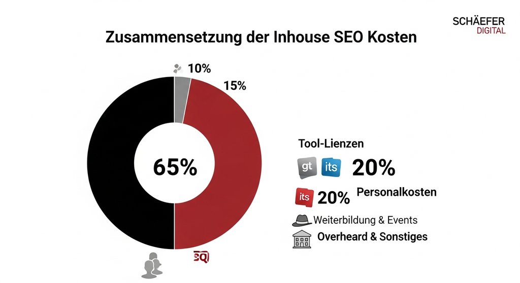 Infografik, die die Zusammensetzung der Inhouse SEO Kosten in Personalkosten, Tools, Weiterbildung und Overhead aufschlüsselt.