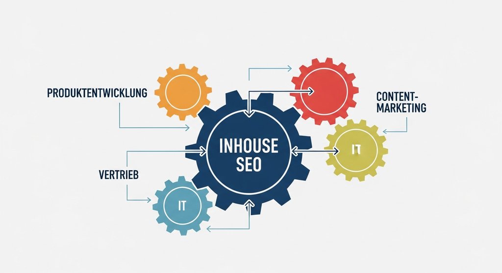Infografik, die zeigt, wie Inhouse SEO als zentraler Motor andere Unternehmensbereiche antreibt.