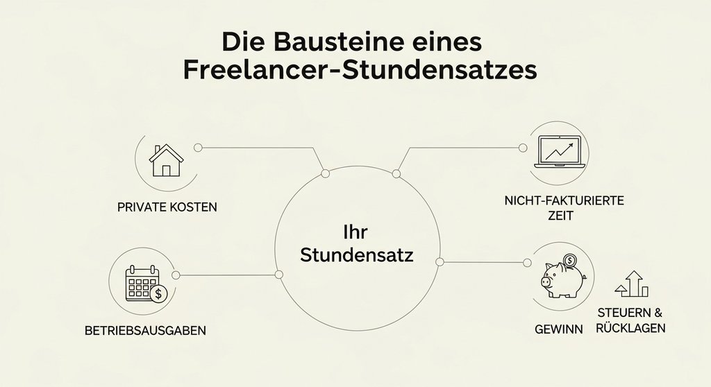Infografik, die zeigt, wie sich der Stundensatz eines Freelancers aus verschiedenen Kosten und Gewinn zusammensetzt.